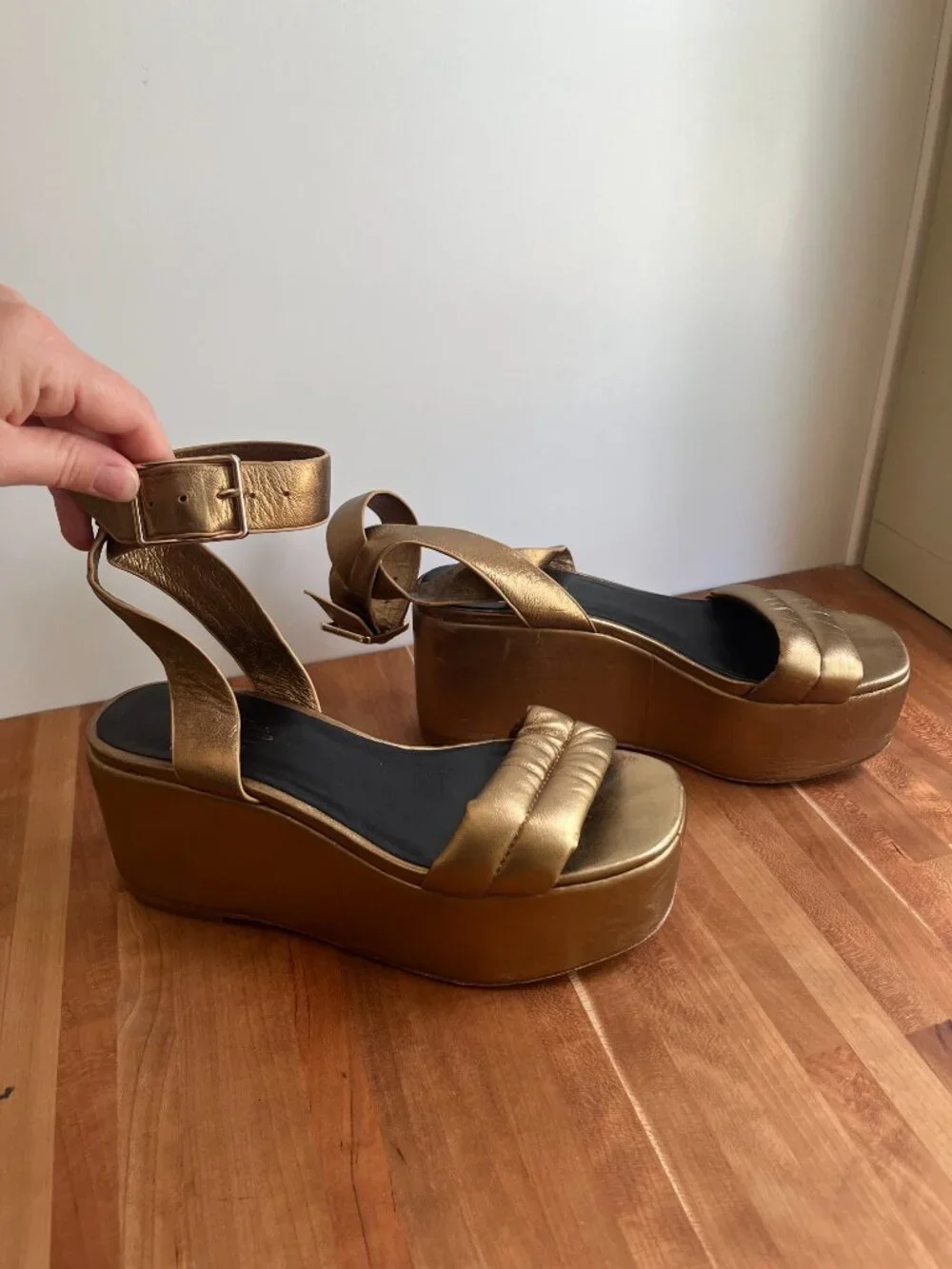 Charlotte Stone Metallic Gold Platform Wedge Sa